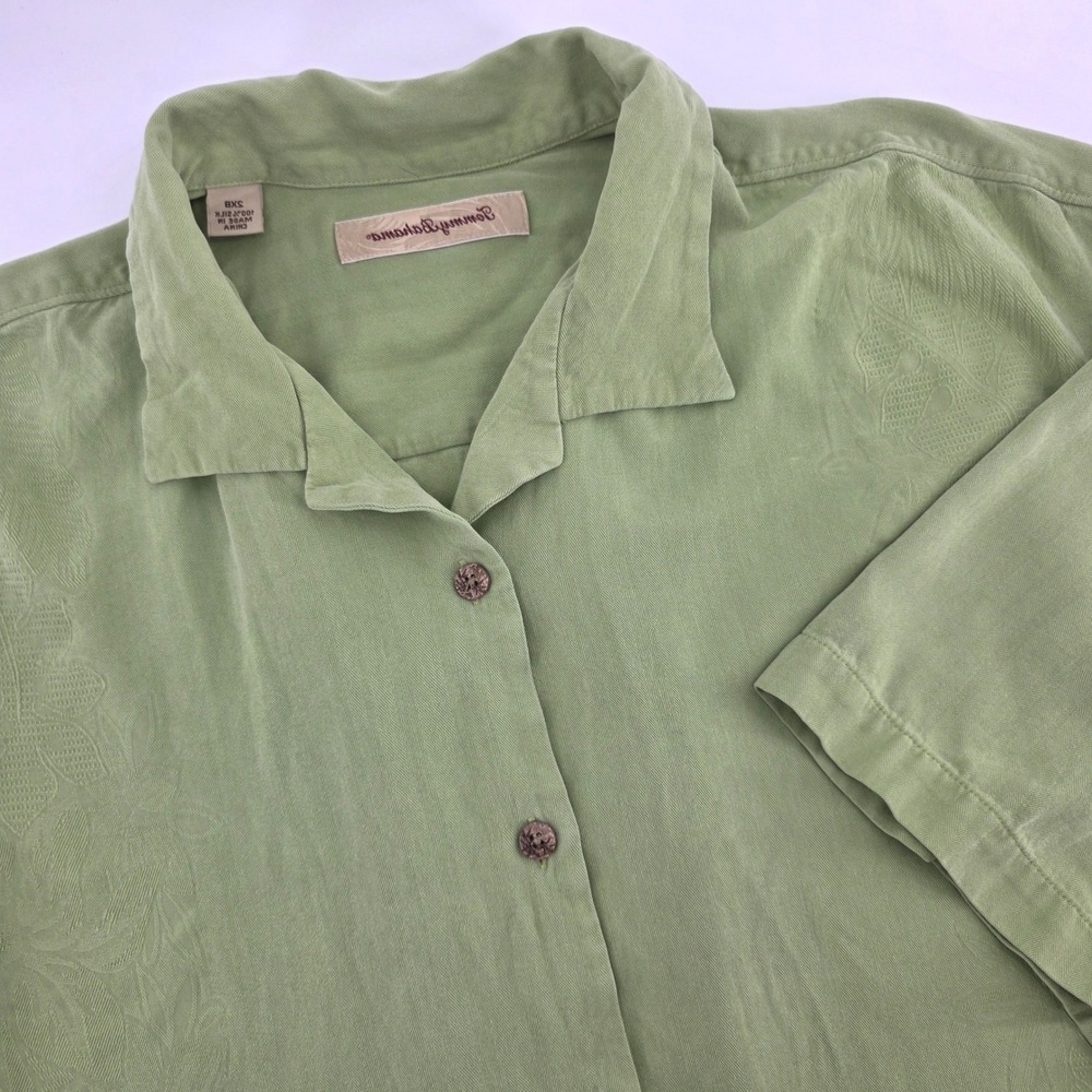 Tommy Bahama Men 2XB Sage Green Silk Tropical Jacquard Camp Shirt Short Sleeve